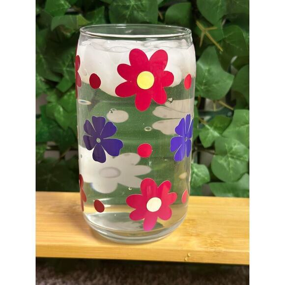 Pink and Blue Flower Color Changing Glass Can with Bamboo Lid and Glass Straw - Picture 2 of 2